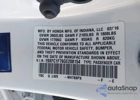 2016 Honda Civic Ex-L z USA, uszkodzony, nr VIN 19XFC1F76GE208154